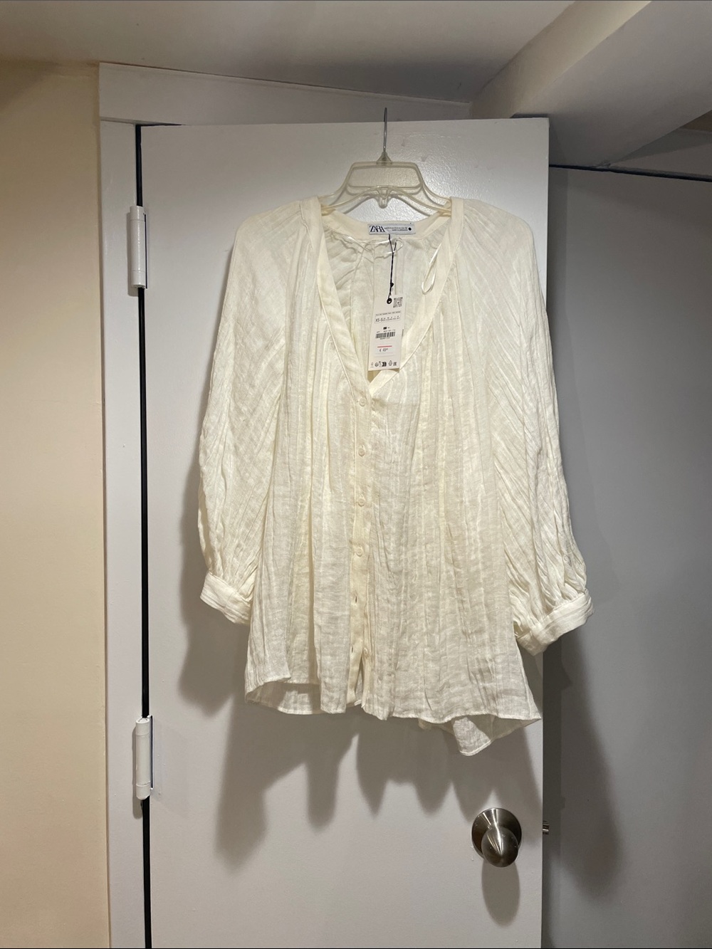 Zara Off-White Gauze Button-Up Peasant Blouse